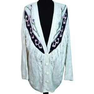 Vintage 80s 90s Knit Cardigan Sweater Floral Embroidered Fringe Off White Cream